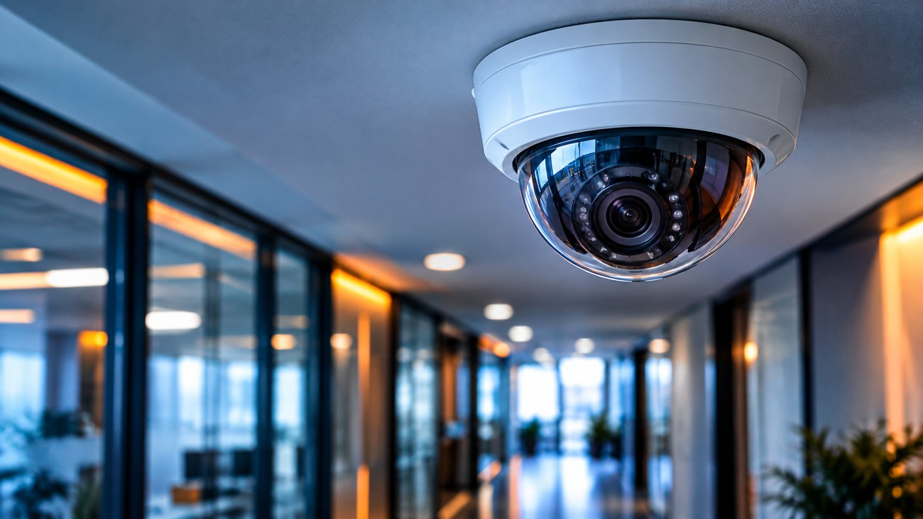 Dome CCTV camera in a modern London office corridor